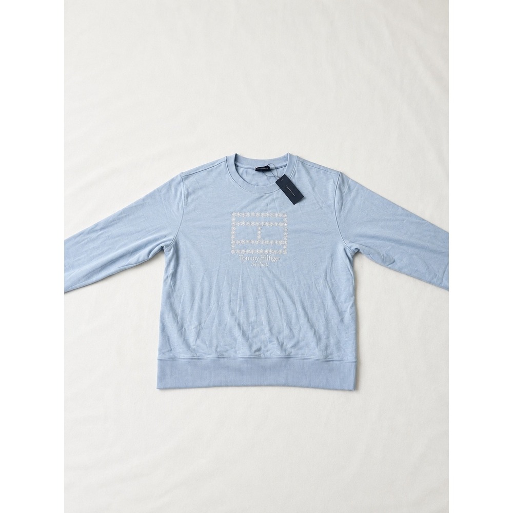 Tommy Hilfiger Womens XL Light Blue Floral Eyelet Embroidered Logo Sweatshirt